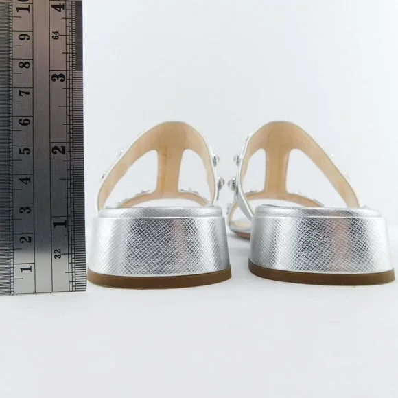 PRADA Crystal Embellished Silver Saffiano T-Strap Block Heel Slide Sandals 37.5 - Picture 8 of 10